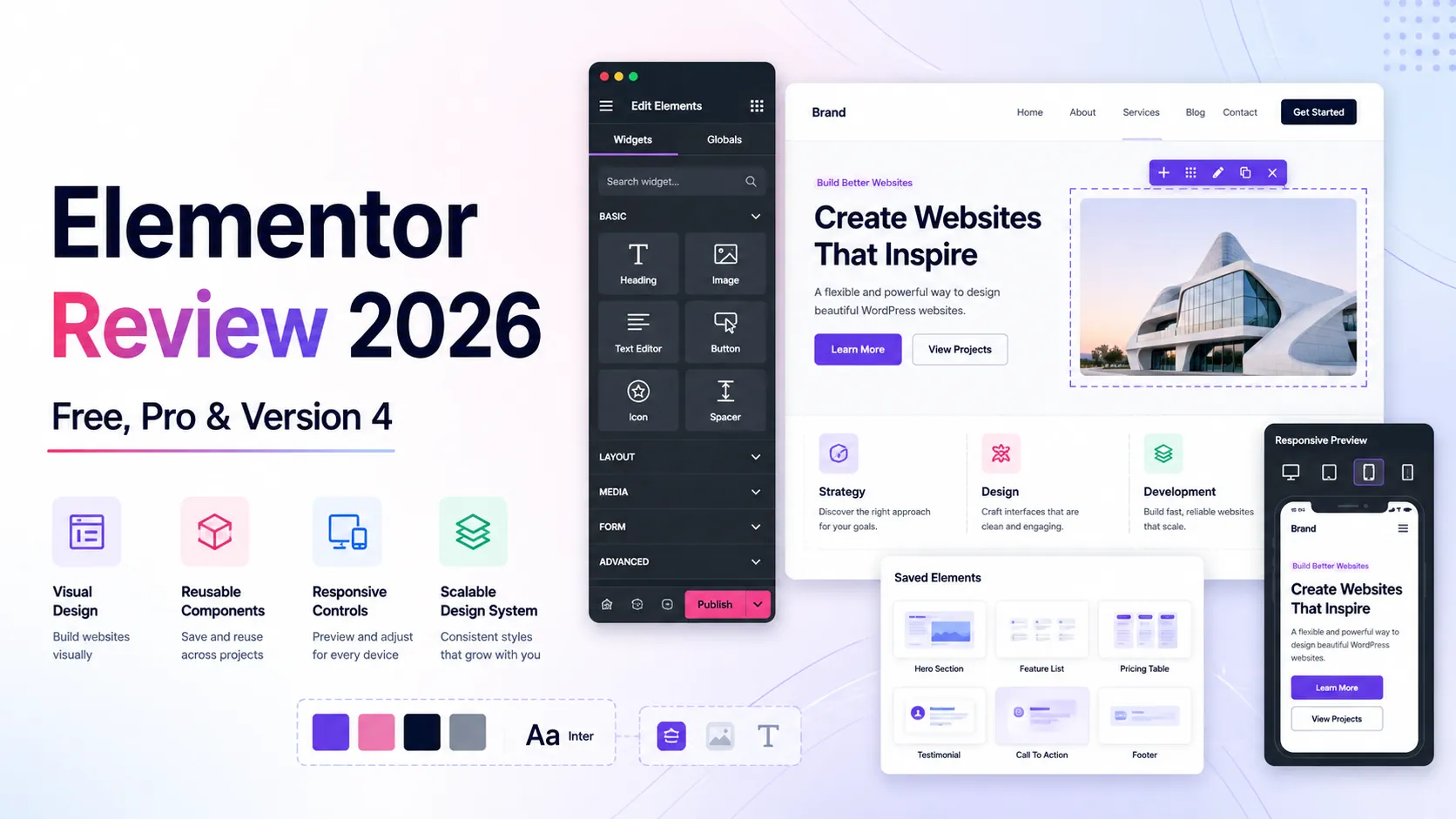 Elementor review showing a visual WordPress editor, responsive controls, and reusable design components