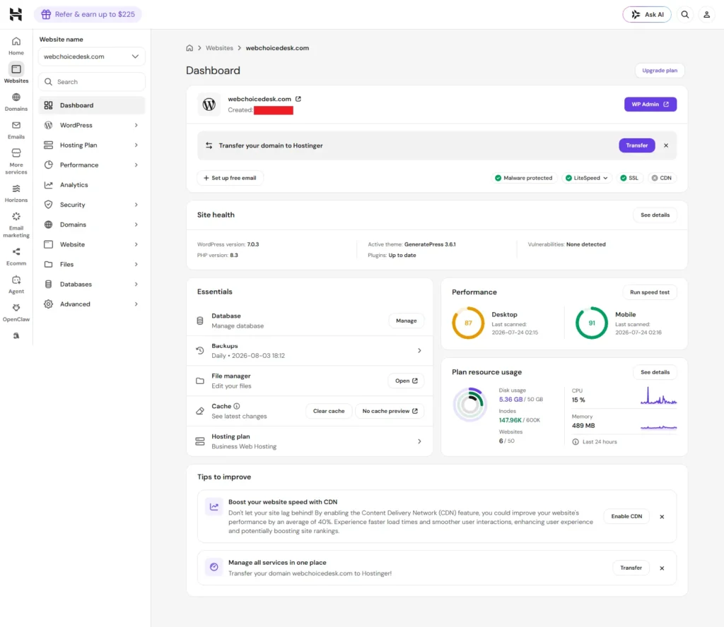 Hostinger hPanel dashboard with WordPress, backup, domain, security, and performance management tools
