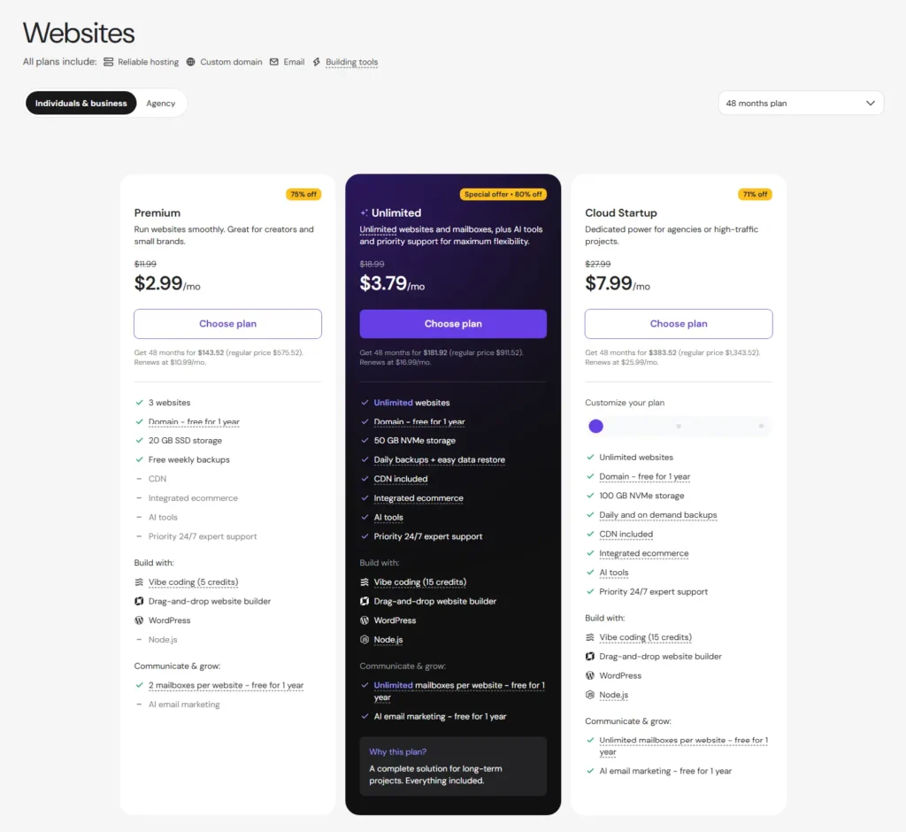 Hostinger Premium Unlimited and Cloud Startup pricing in August 2026