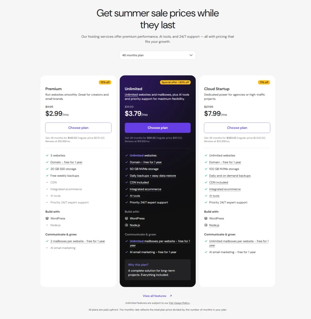 Hostinger Premium, Unlimited, and Cloud Startup pricing with introductory and renewal rates
