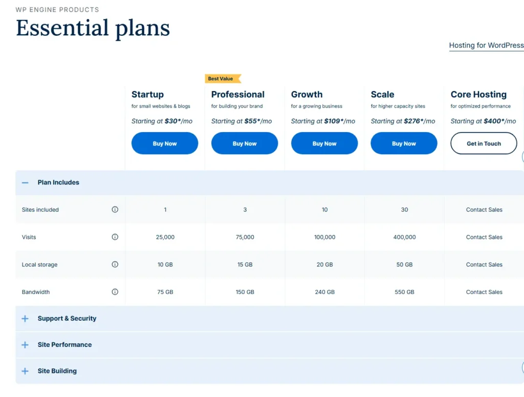 WP Engine Startup Professional Growth and Scale hosting plans in August 2026
