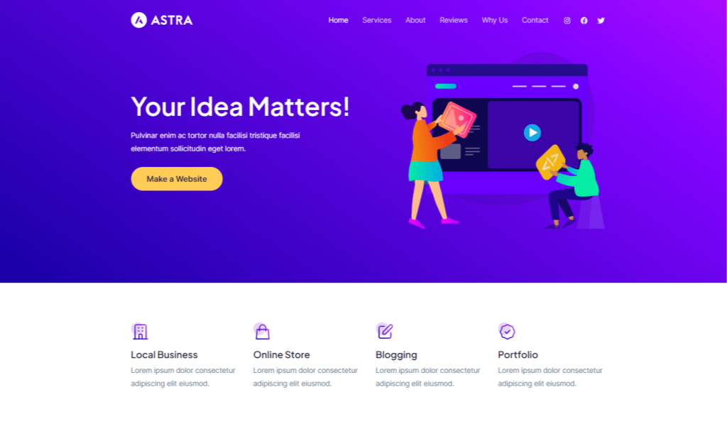Astra WordPress theme preview with a purple website layout