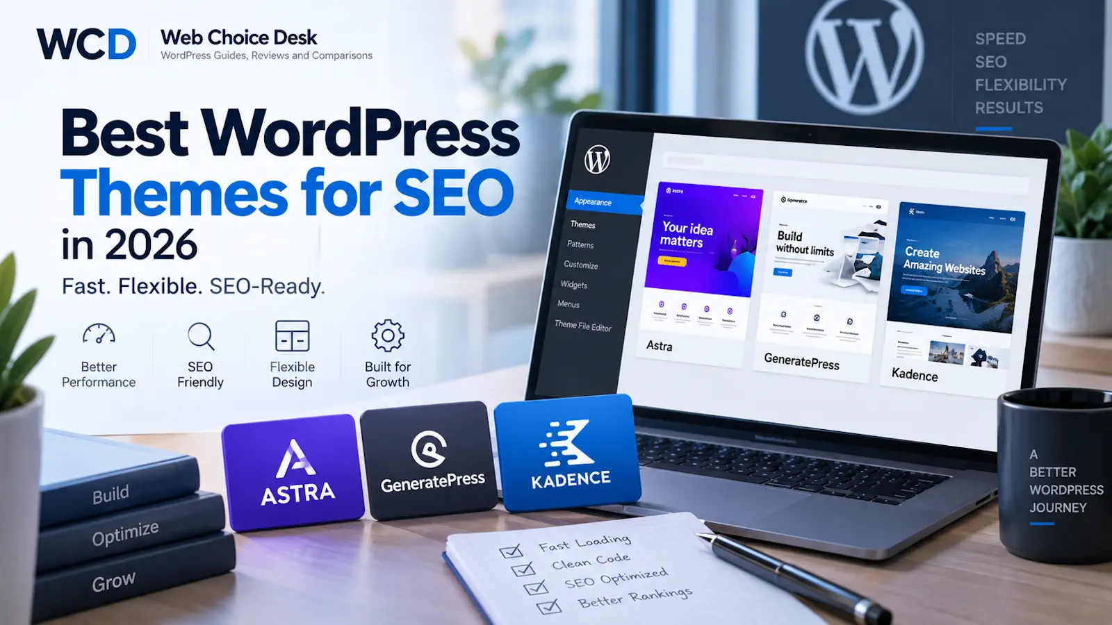 Best WordPress themes for SEO comparison in 2026 featuring Astra, GeneratePress, and Kadence