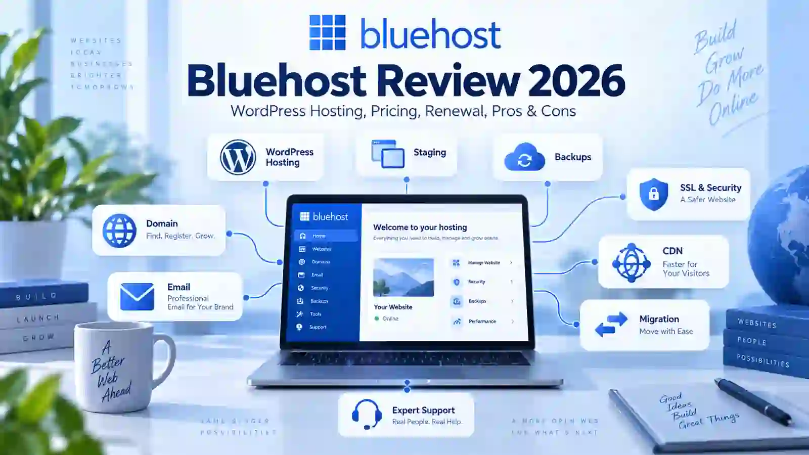 ביקורת Bluehost 2026 בישראל: מחירים, חידוש, WordPress, staging, backups, יתרונות וחסרונות