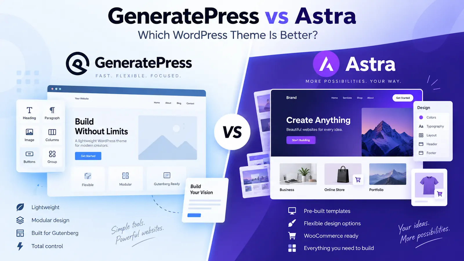 GeneratePress vs Astra comparison for WordPress themes in 2026
