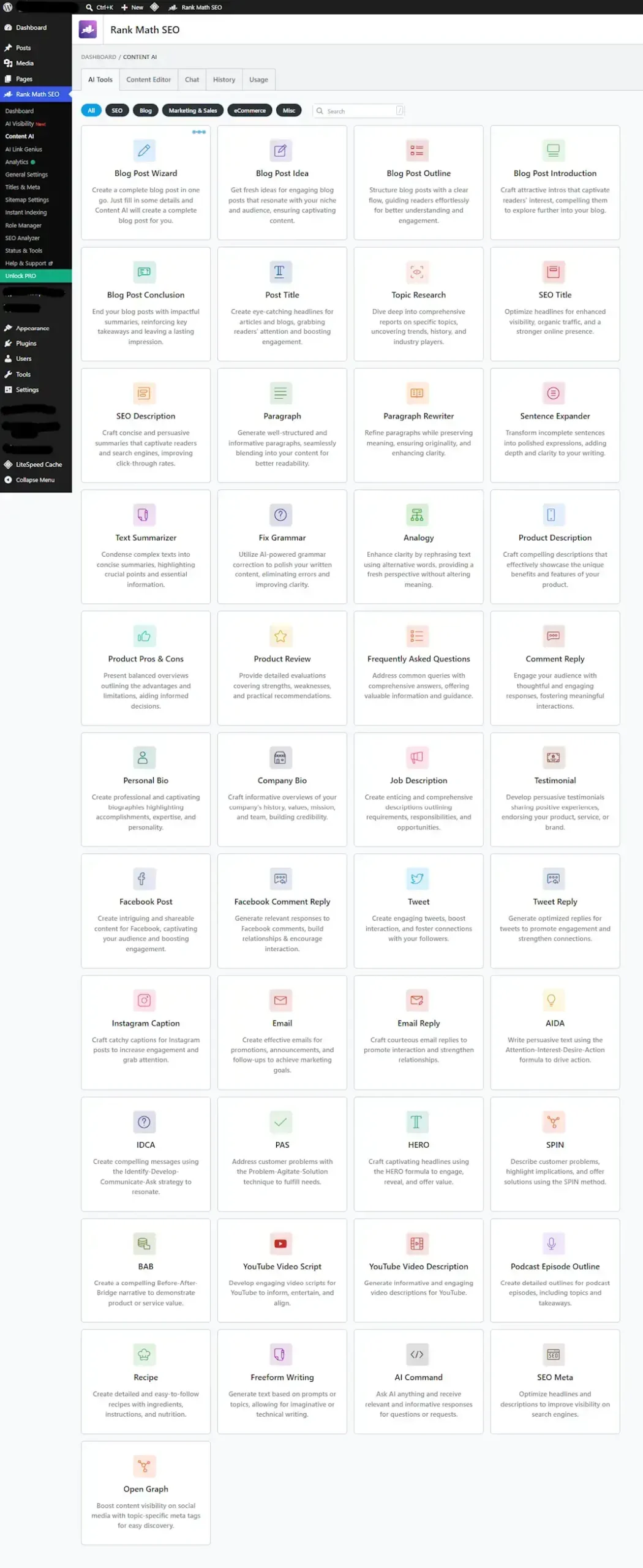 Rank Math Content AI dashboard with AI writing tools for WordPress SEO