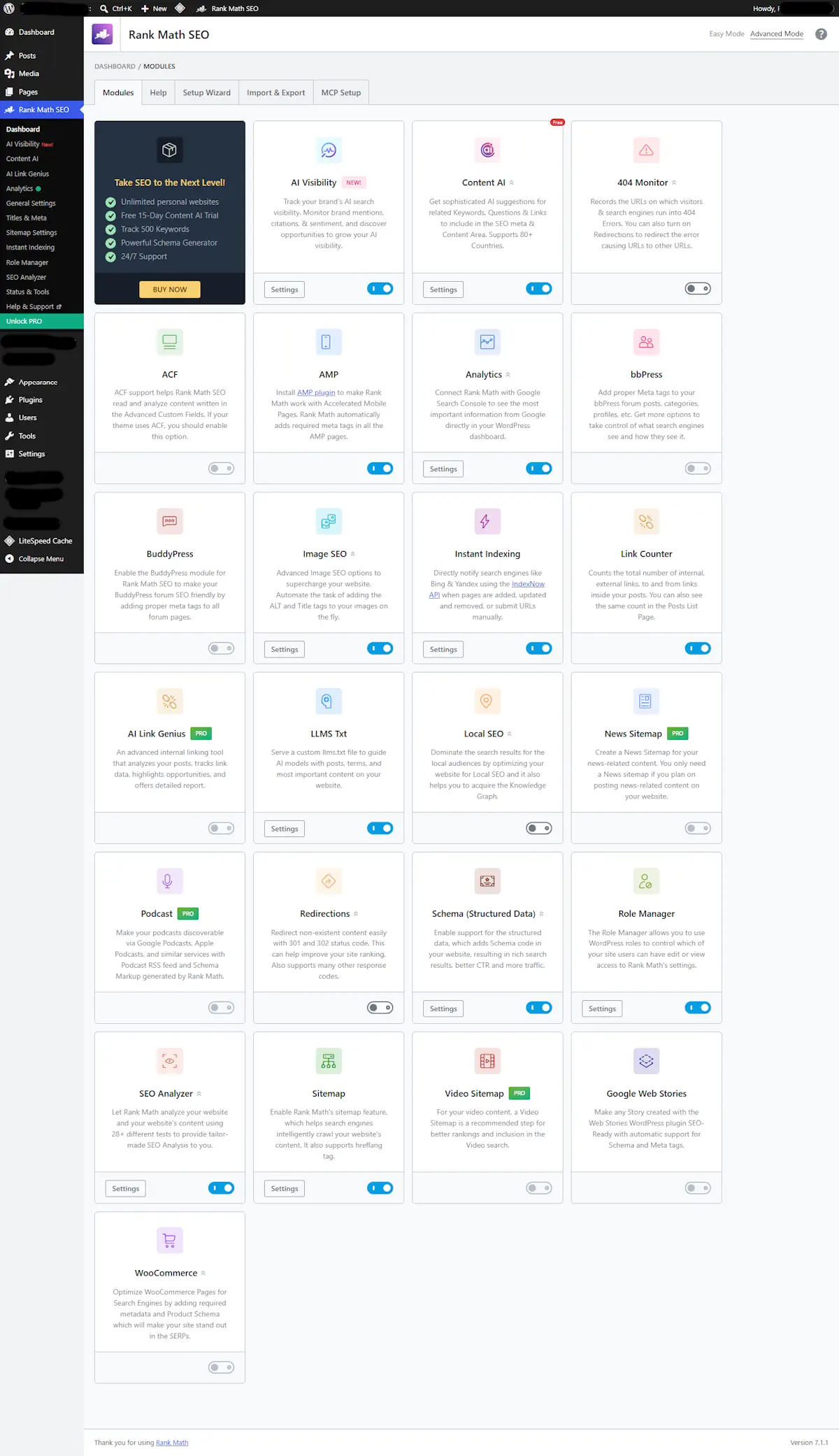 Rank Math SEO modules dashboard in WordPress