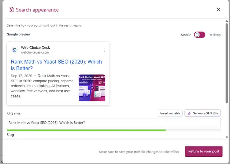 Painel do Yoast SEO com prévia de pesquisa e edição de título SEO no WordPress