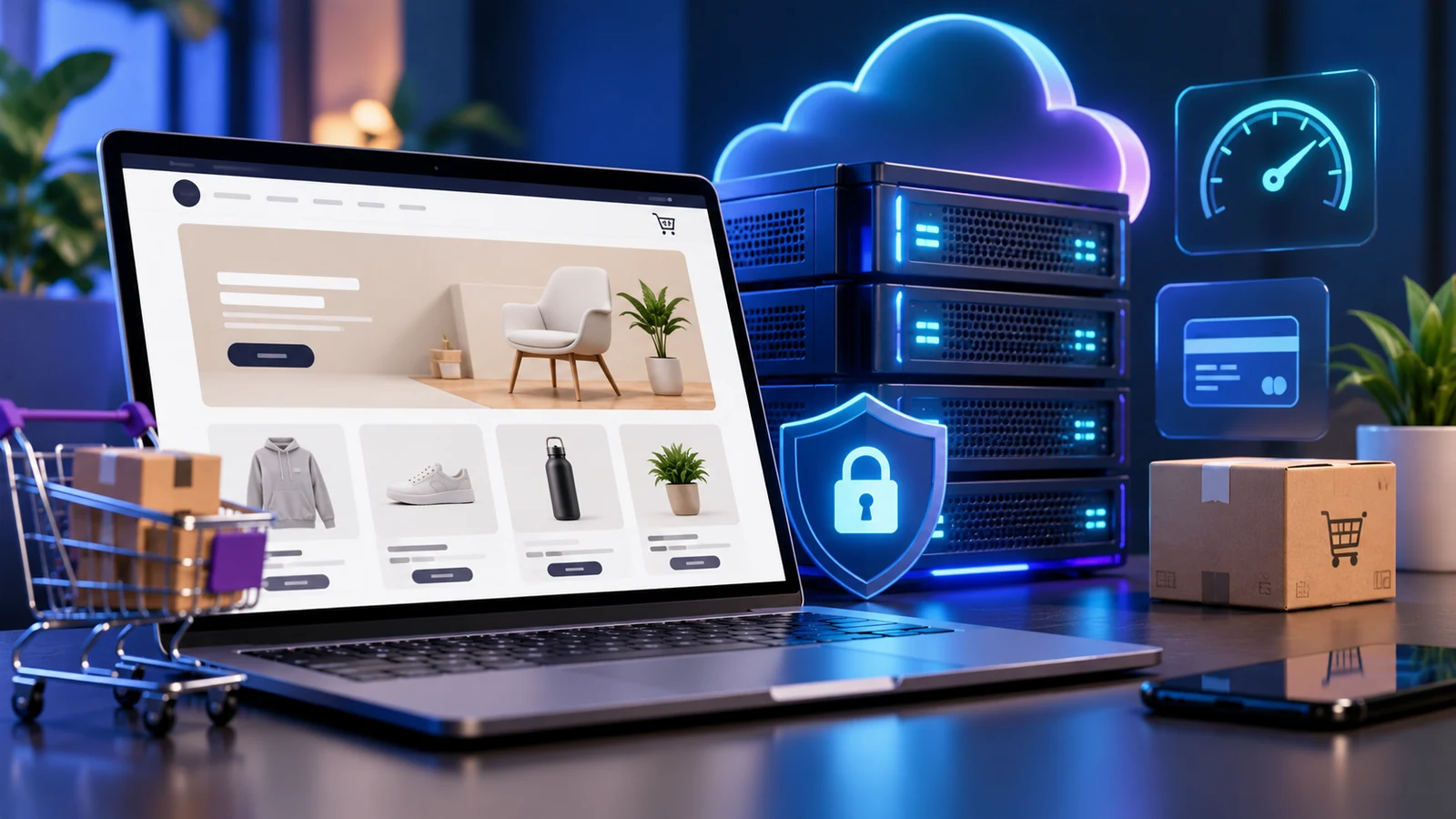 Online store with server infrastructure and secure checkout illustration