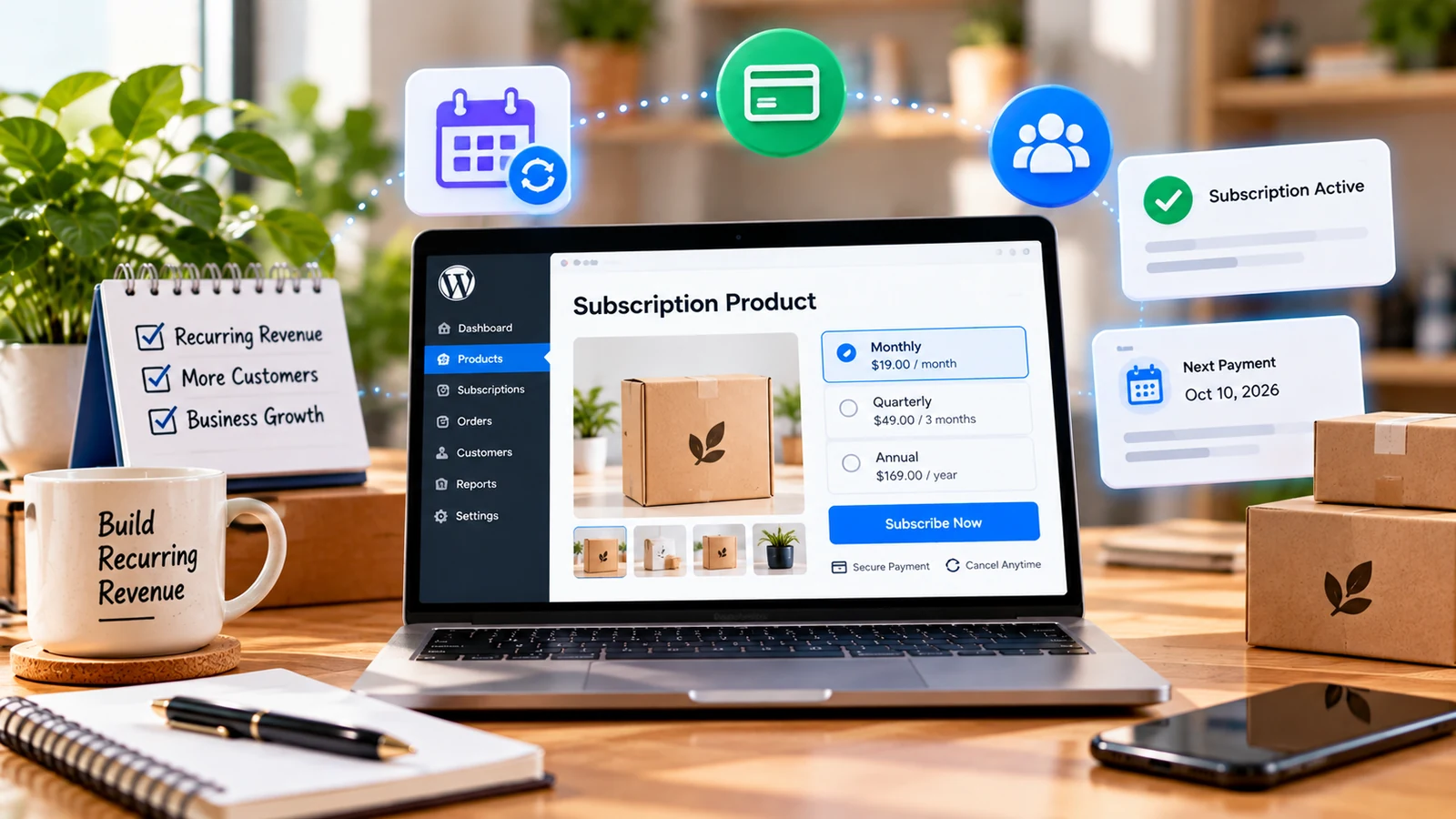 Illustration of recurring subscription orders and payments for an online store