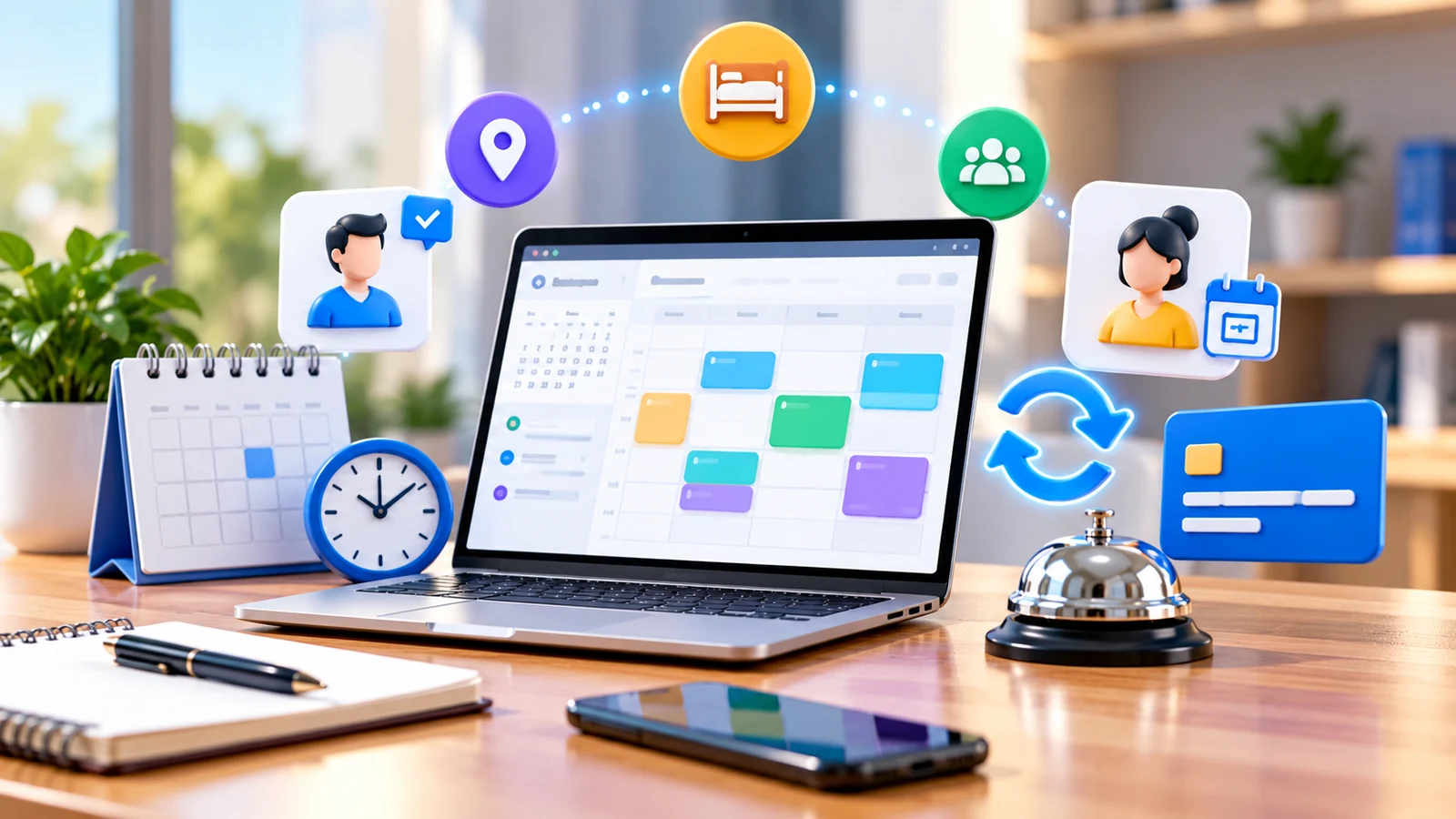 Abstract illustration of online booking with calendar, staff, resource, payment, and synchronization icons