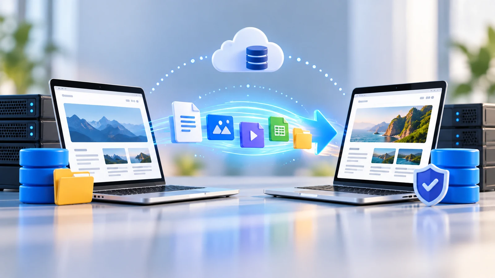 Abstract illustration of a WordPress website migrating between servers with files and database data