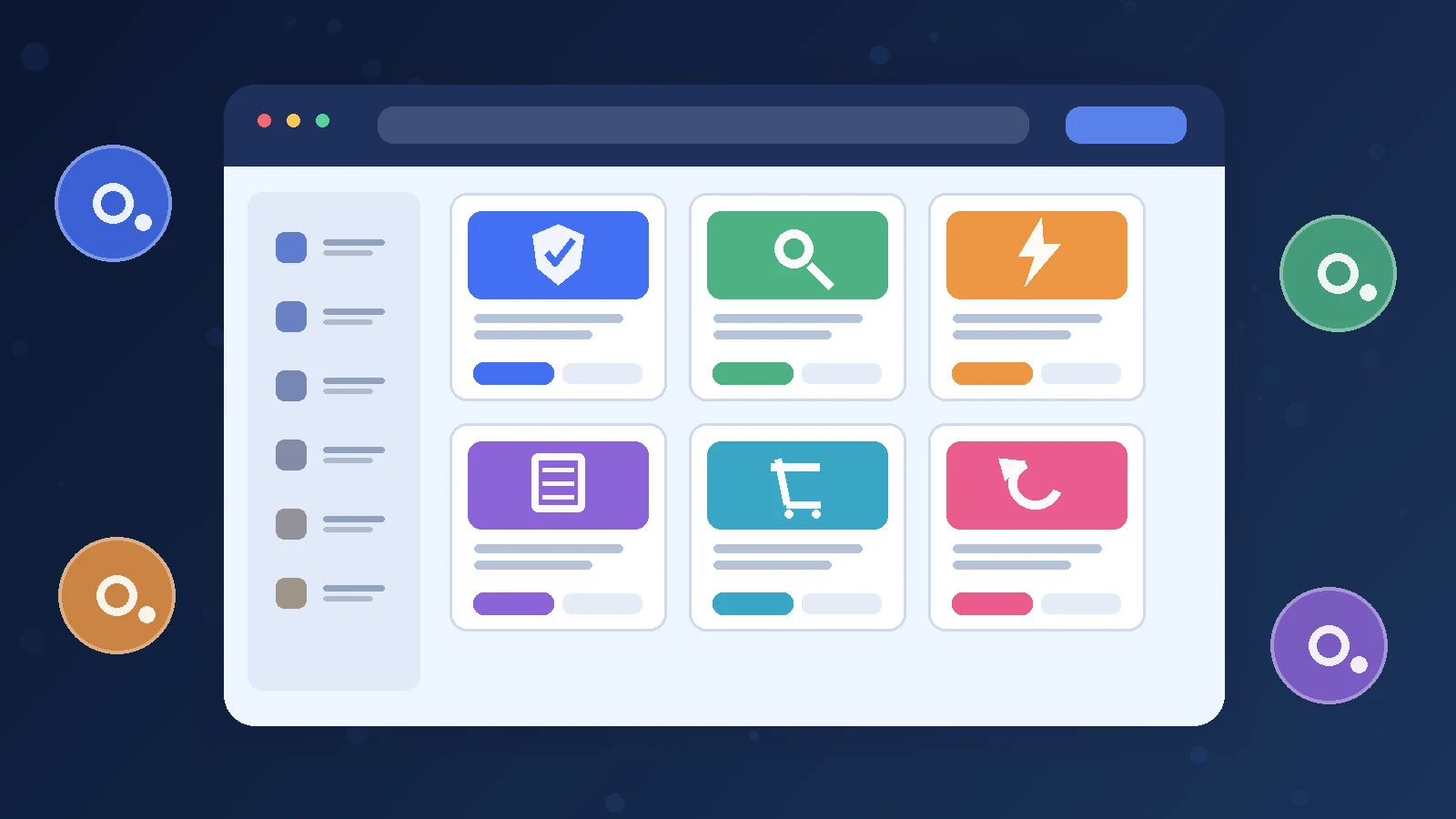 Illustration of six WordPress plugin categories including security, SEO, performance, forms, ecommerce and backups