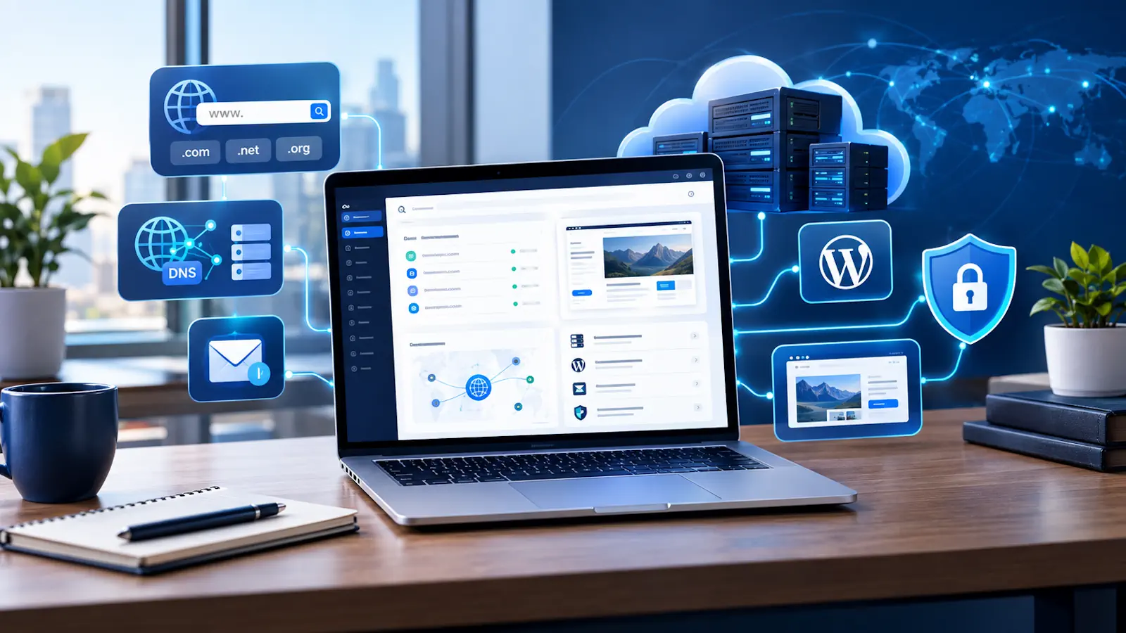 Network Solutions review illustration with domain management, web hosting, WordPress, email, SSL security, and DNS infrastructure