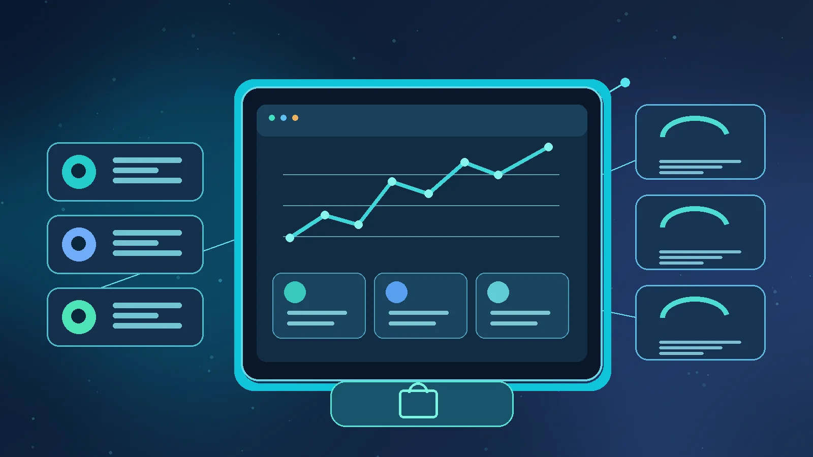 Concept illustration of managed WordPress and WooCommerce infrastructure, analytics, cloud services and security