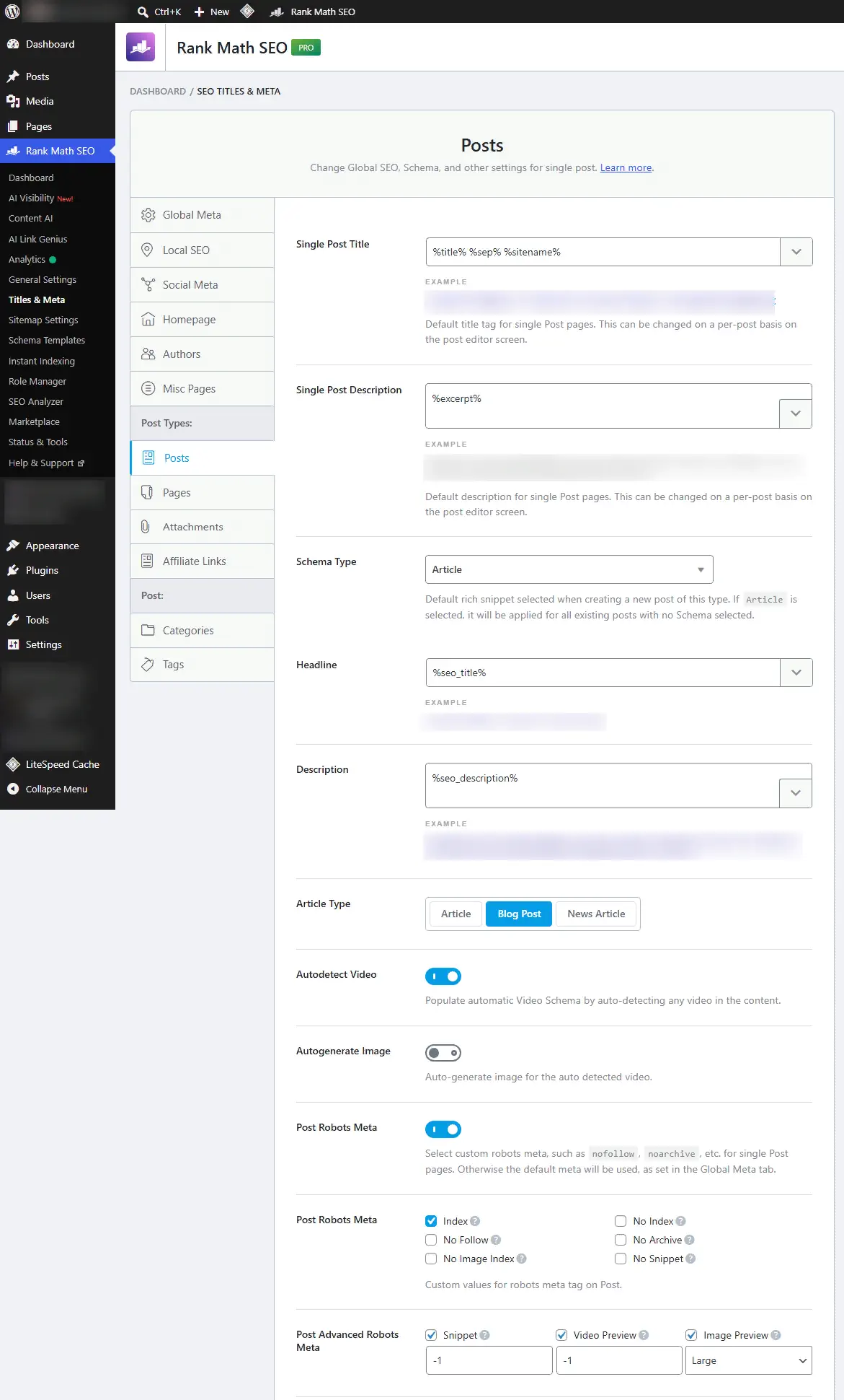 Rank Math SEO Titles & Meta screen showing Index, No Index, and other Robots Meta options for posts