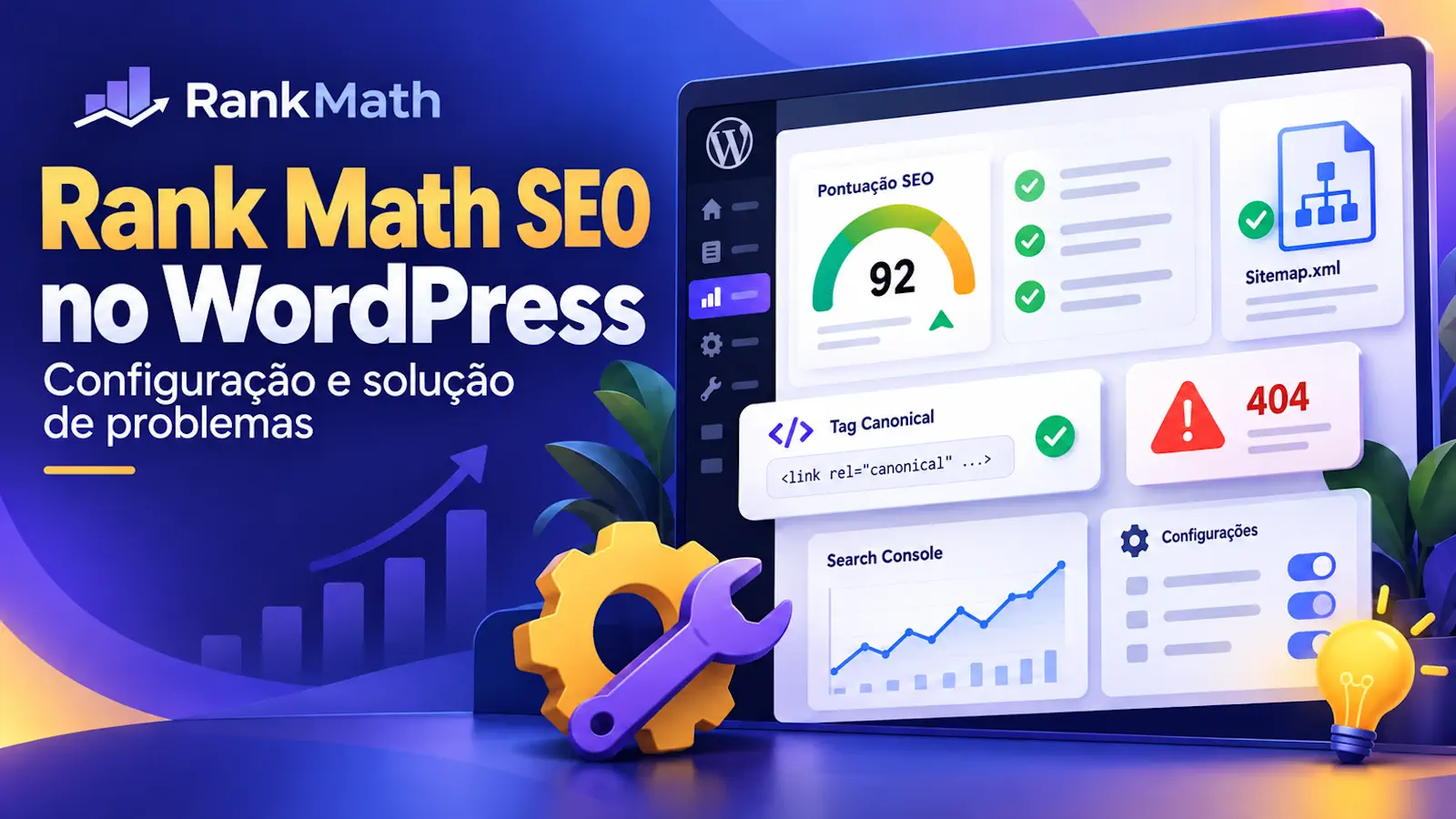 Rank Math SEO no WordPress com elementos de sitemap, pontuação SEO, canonical, erro 404 e configurações