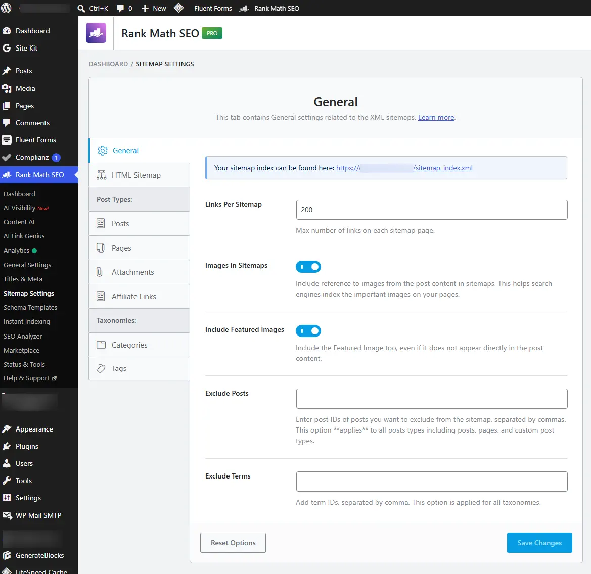 Rank Math SEO sitemap settings screen in WordPress