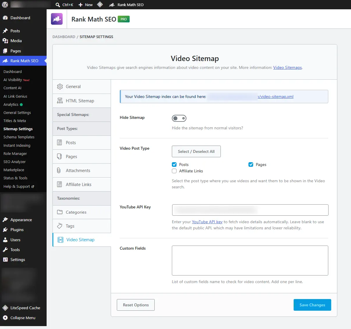 Rank Math PRO Video Sitemap settings screen