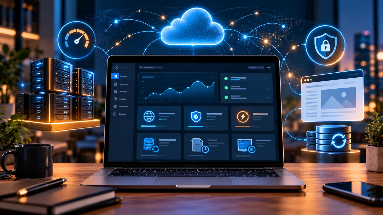 Illustration of managed WordPress hosting with cloud network, server security and performance dashboard